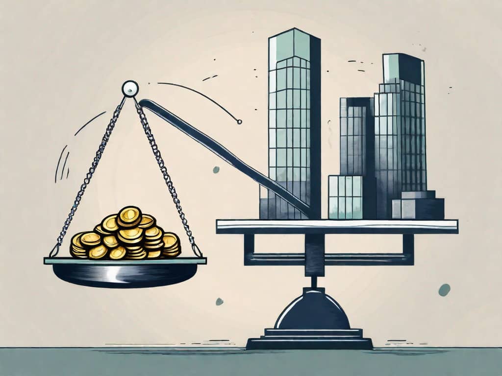 A scale balancing a building representing a business on one side and a bag of coins on the other