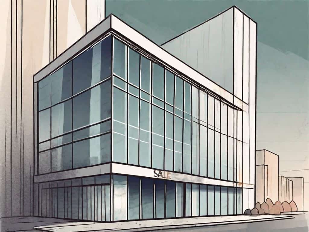 A business building with a "for sale" sign