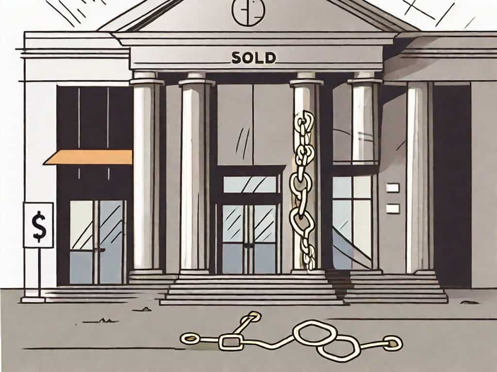 A business building with a sold sign and a dollar sign symbolizing the financial aspect