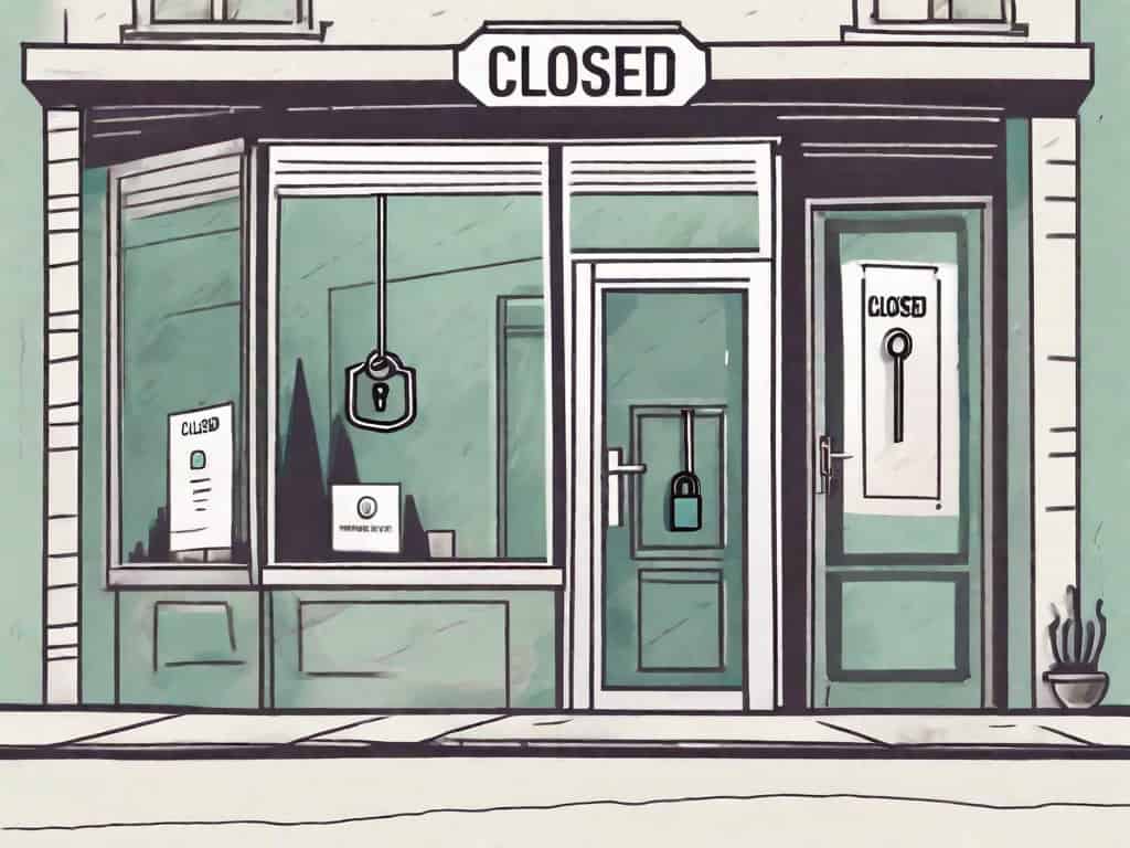 A small business shop with a "closed" sign hanging on the door and a symbolic lock or barrier