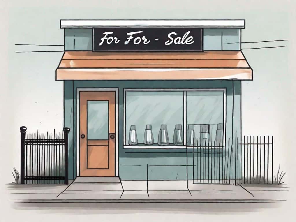 A small business store with a "for sale" sign