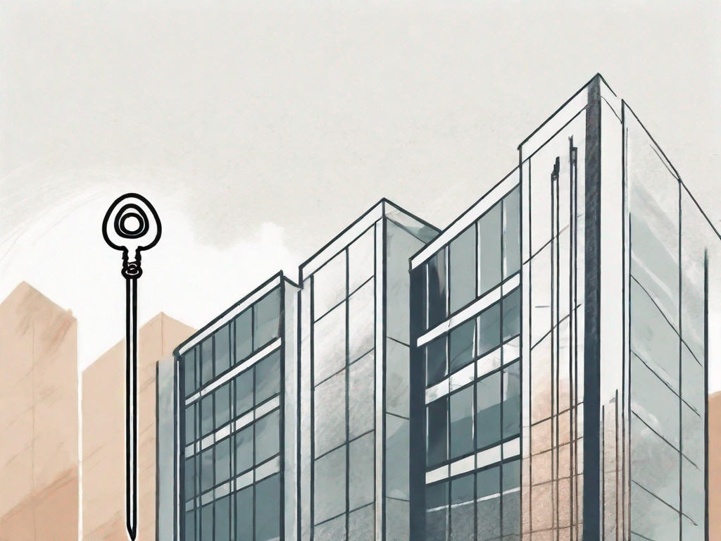 A business building with a symbolic key hovering above it