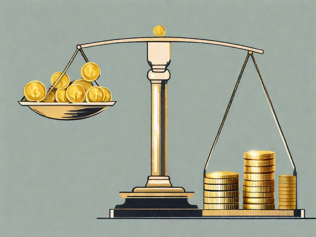 A balance scale with different sized gold coins on one side and a building (representing a business) on the other