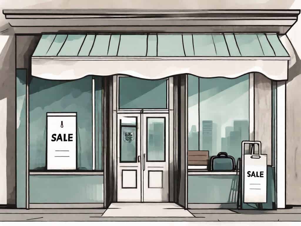 A business storefront with a "for sale" sign