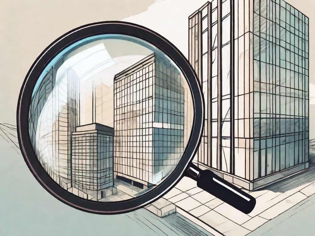 A magnifying glass hovering over a business building