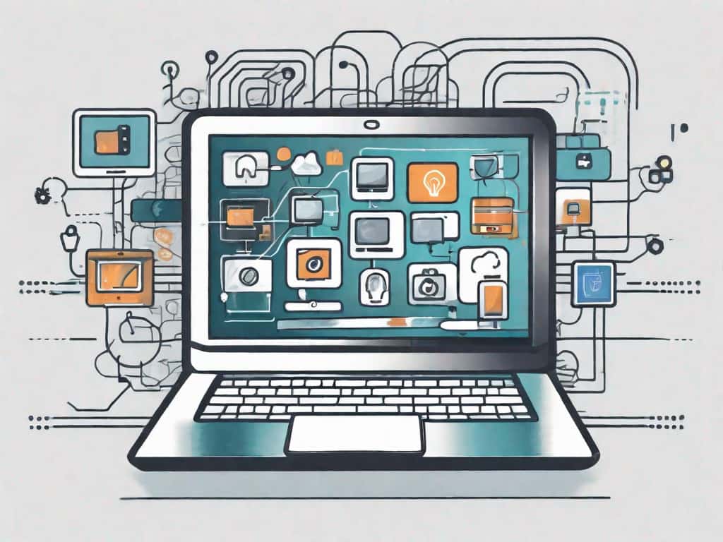 A digital device such as a laptop displaying a series of interconnected icons representing various online platforms