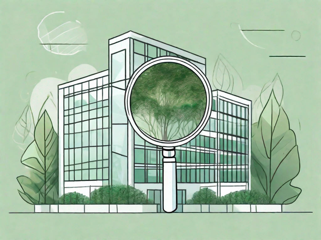 A business building with greenery around it