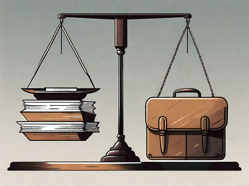 A scale balancing a briefcase (symbolizing a business) on one side and a stack of legal documents (symbolizing liabilities) on the other