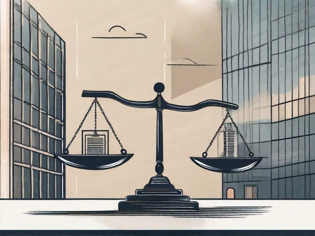 A balance scale with legal documents on one side and a building (symbolizing a business) on the other side