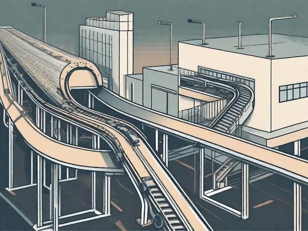 A smoothly running conveyor belt transitioning from one factory building to another