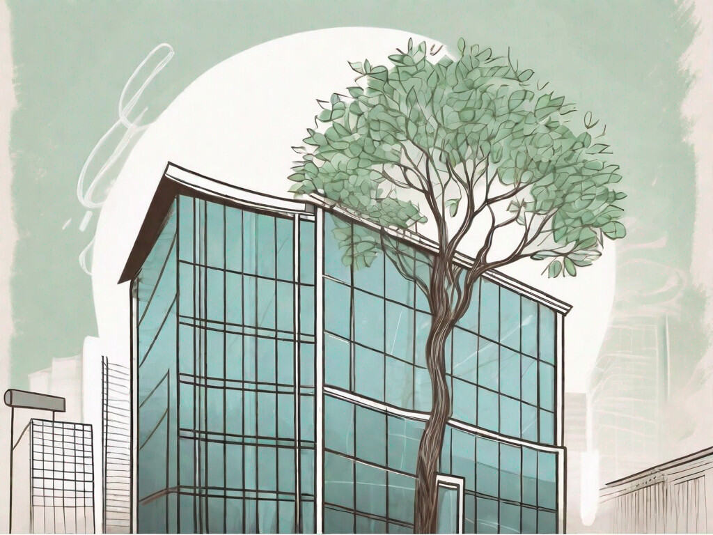 A sold sign on a business building with a flourishing tree growing nearby