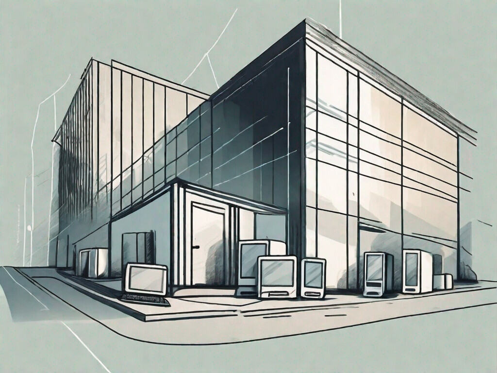 A business building with various technology devices (like computers