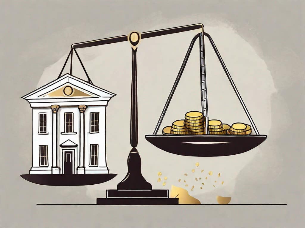 A balance scale with a building (representing a business) on one side and a bag of gold coins on the other