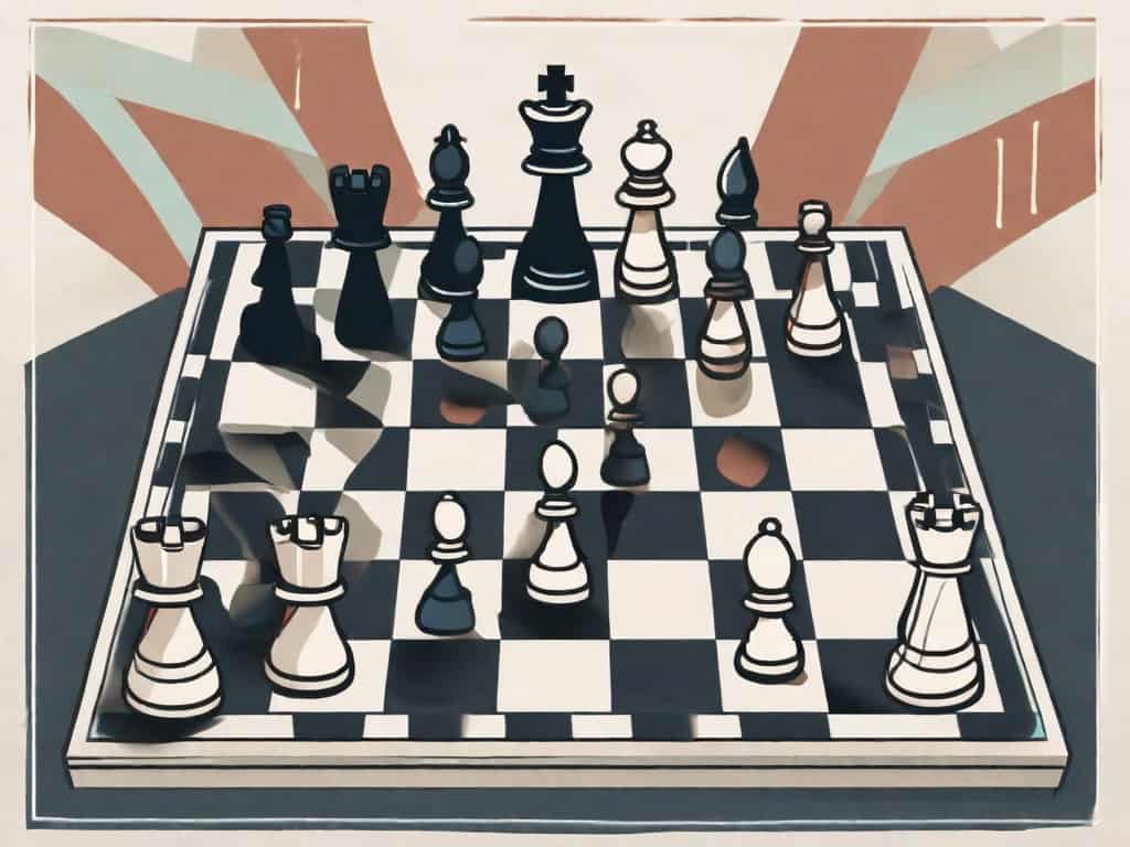 A chessboard with various pieces strategically placed