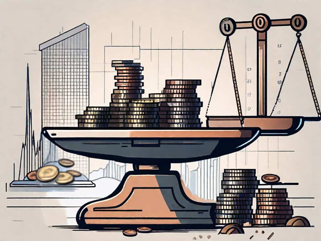 A balance scale with a business building on one side and a pile of coins on the other