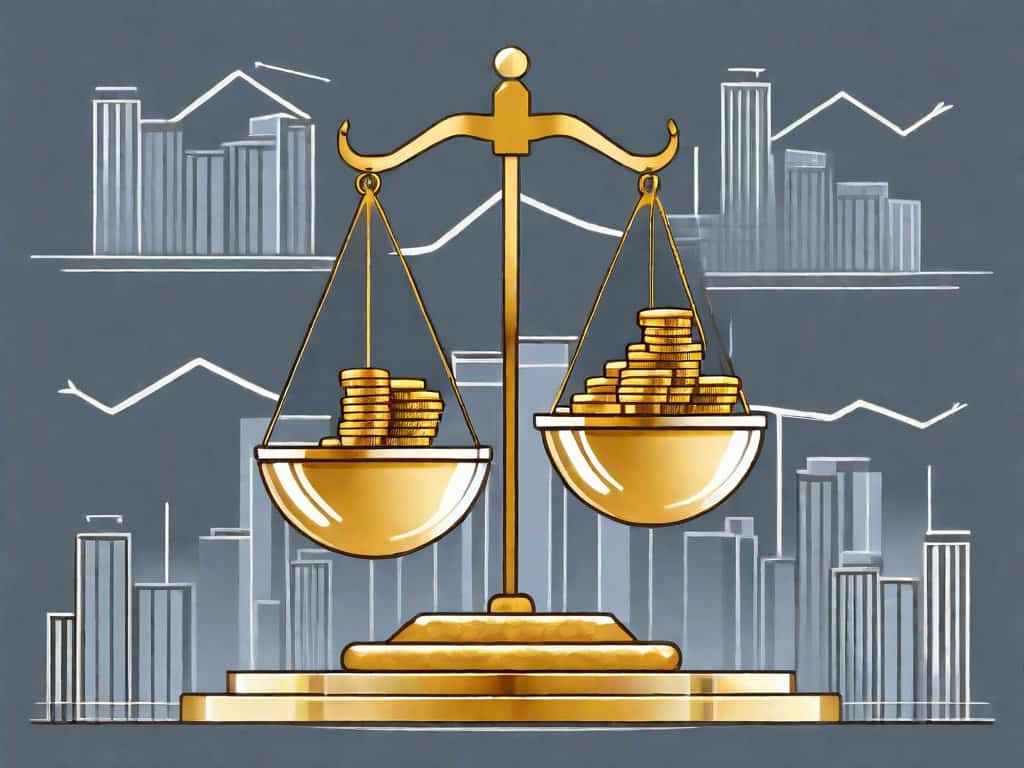 A balanced scale with a business building on one side and a stack of gold coins on the other