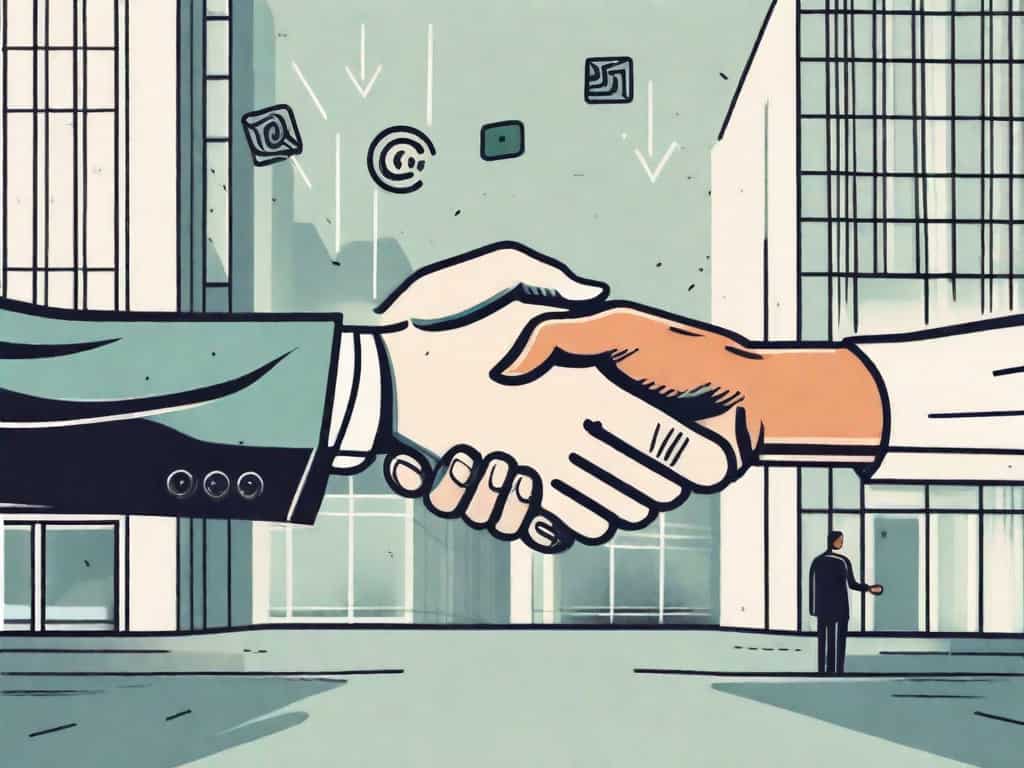 A pair of business buildings being exchanged between two hands