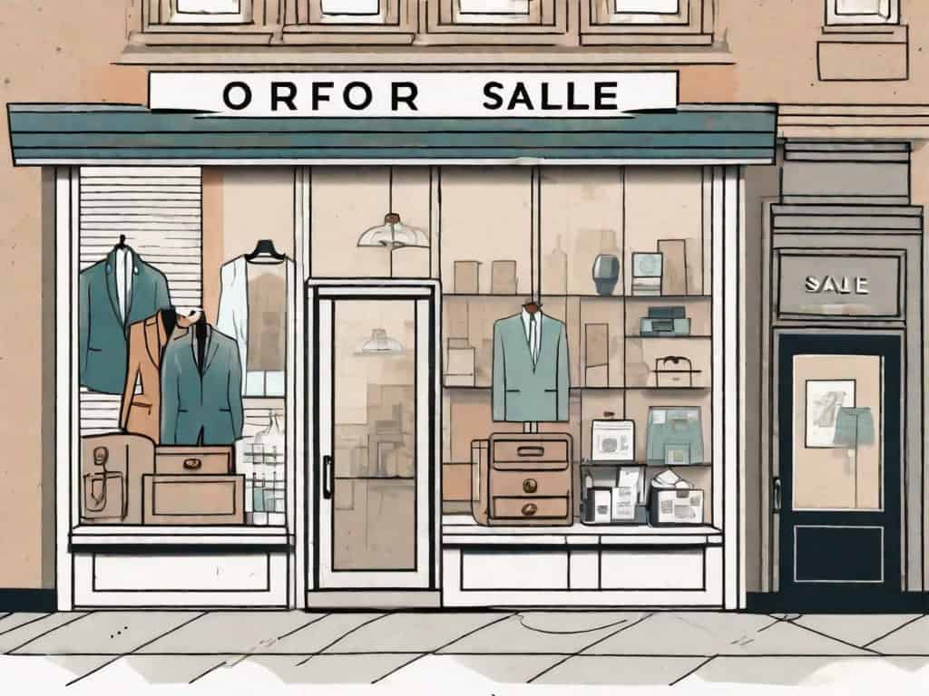 A shopfront with a large "for sale" sign hanging in the window