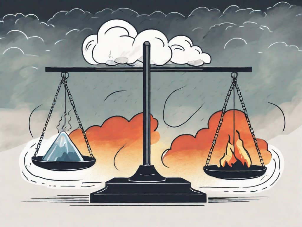 A balance scale with a business building on one side and potential pitfalls such as a storm cloud
