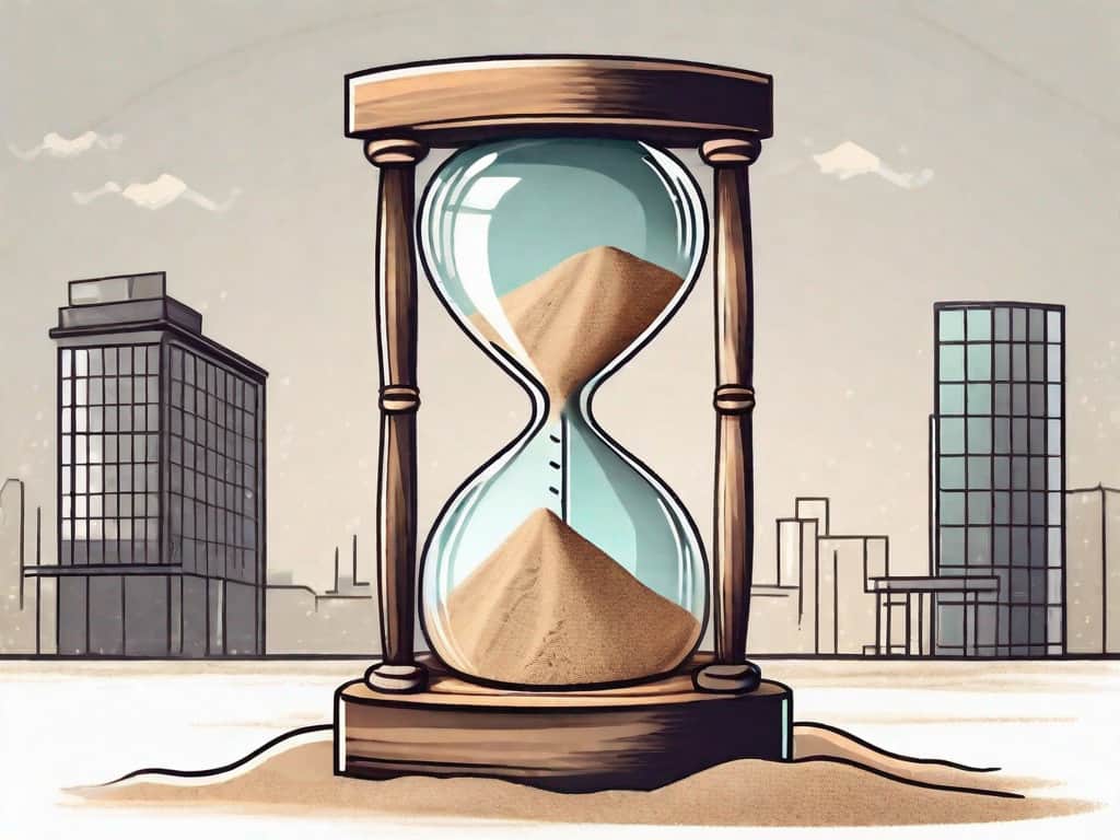 A sand hourglass with a small business building on the top half and a sold sign on the bottom half