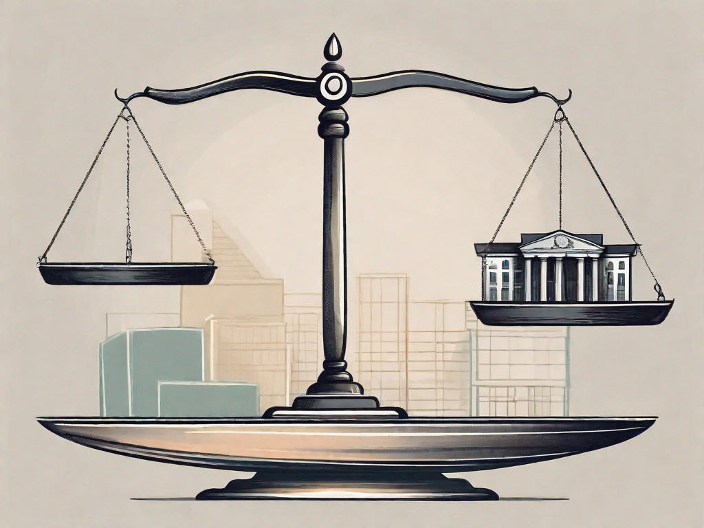A balance scale with a building symbolizing a business on one side and a document symbolizing an estate plan on the other