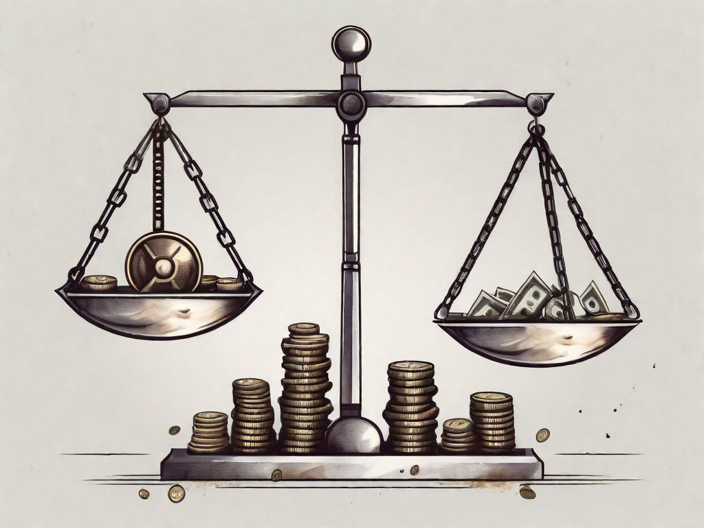 A balance scale with assets like buildings