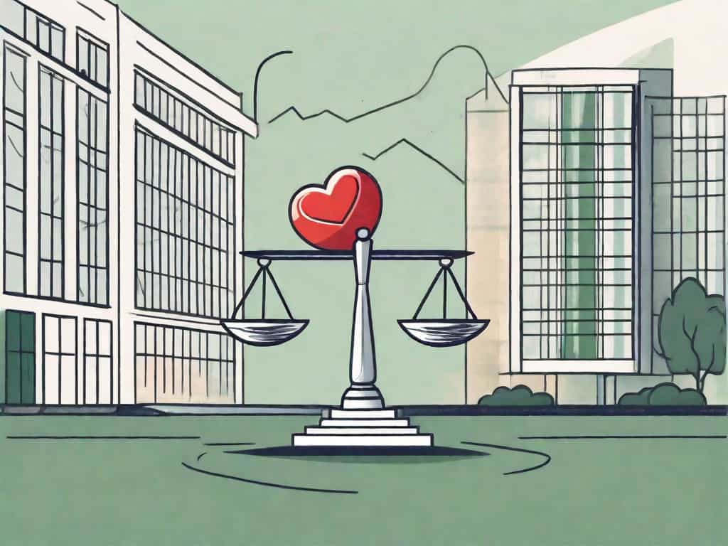 A balanced scale with a business building on one side and a symbol of goodwill such as a heart or olive branch on the other