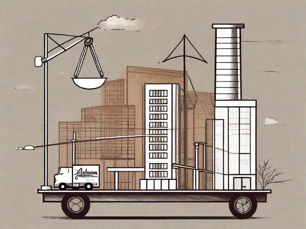 A balance scale with various business-related items like a building