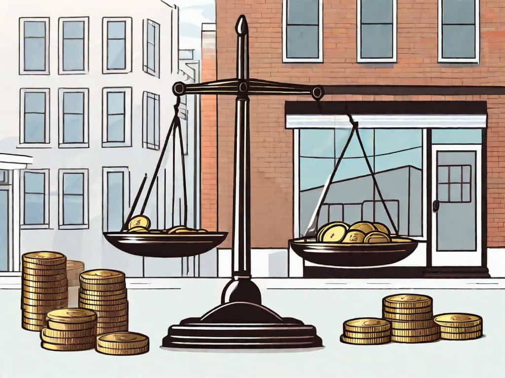 A balance scale with a small business building on one side and a pile of coins on the other