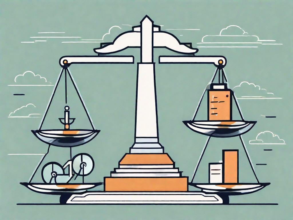 A symbolic balance scale with various business-related icons on one side