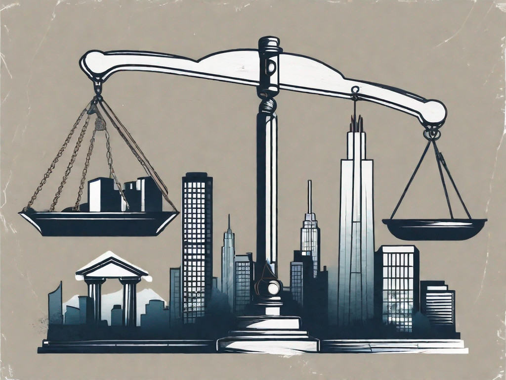 A symbolic balance scale with on one side a variety of business-related items like buildings