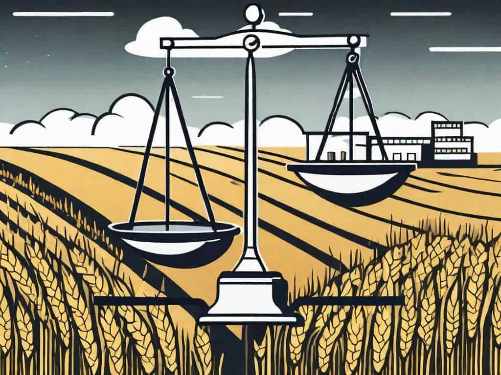 A scale balancing a symbolic representation of a business (like a building or factory) on one side and a cornfield (representing iowa) on the other