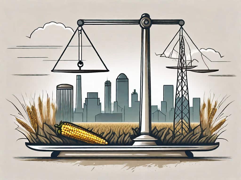 A symbolic balance scale with various business elements like buildings