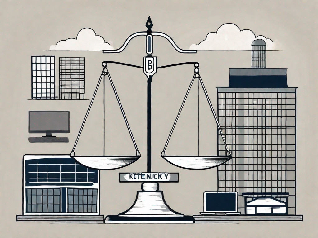 A symbolic balance scale with various business-related items on one side
