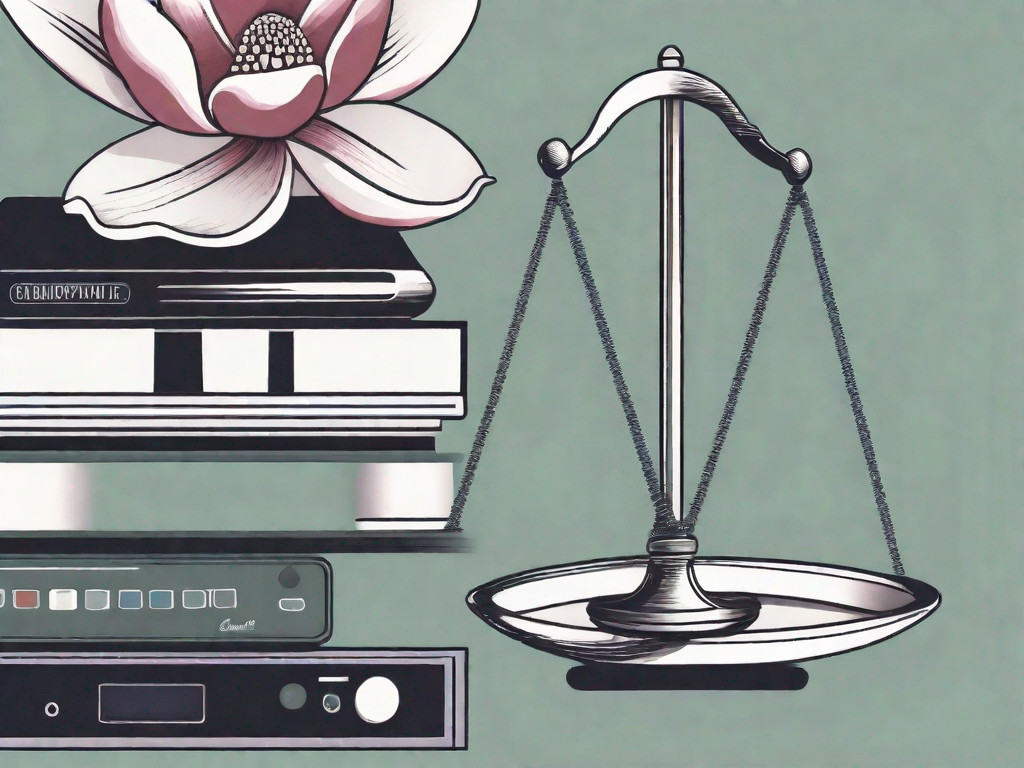 A symbolic balance scale with one side holding various business-related items (like a building