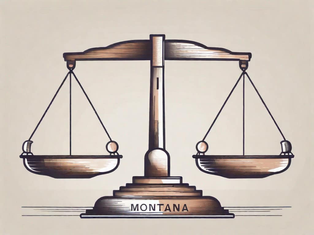 A balance scale with a symbolic representation of a business (like a building or factory) on one side and the state of montana's outline on the other